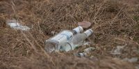 Pavasaris, tukšās alkohola pudeles uz kūlas