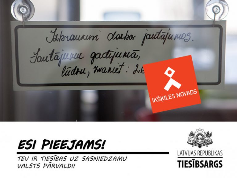 Izbraukusi darba jautājumos. Jautājumu gadījumā, lūdzu, zvanīt: 2...... Paziņojums uz durvīm, vienā no Ikšķiles pašvaldības iestādēm. Foto kolāža: izmantots tiesībsarga kampaņās materiāls.