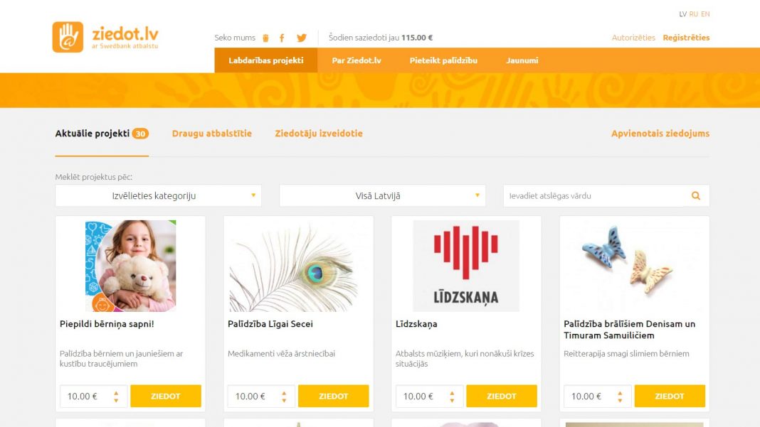 Labdarības organizācijas Ziedot.lv mājaslapas mirkļaattēls.