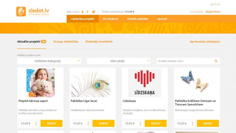 Labdarības organizācijas Ziedot.lv mājaslapas mirkļaattēls.